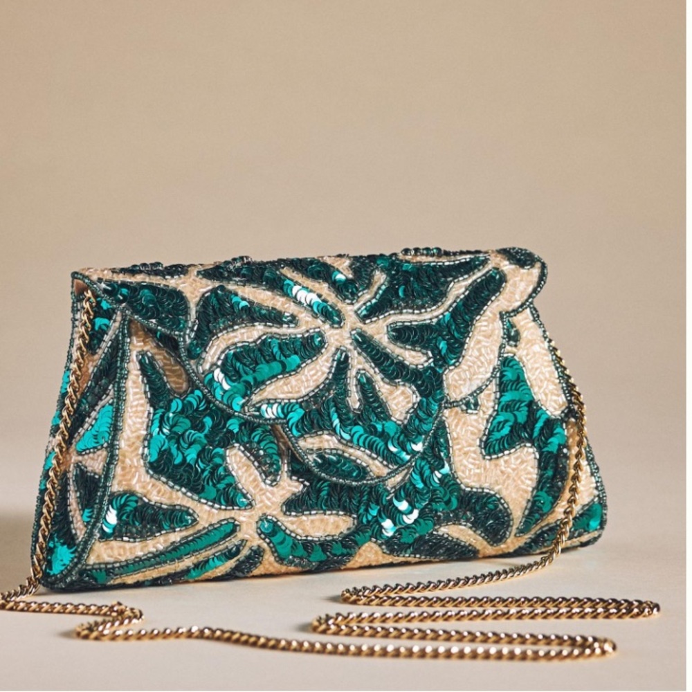 Anthropologie Sequin Scalloped Clutch Bag Green